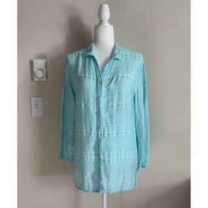 Fresh Produce Womens Medium Button Front Tunic Top Blue Textured Crinkle Linen